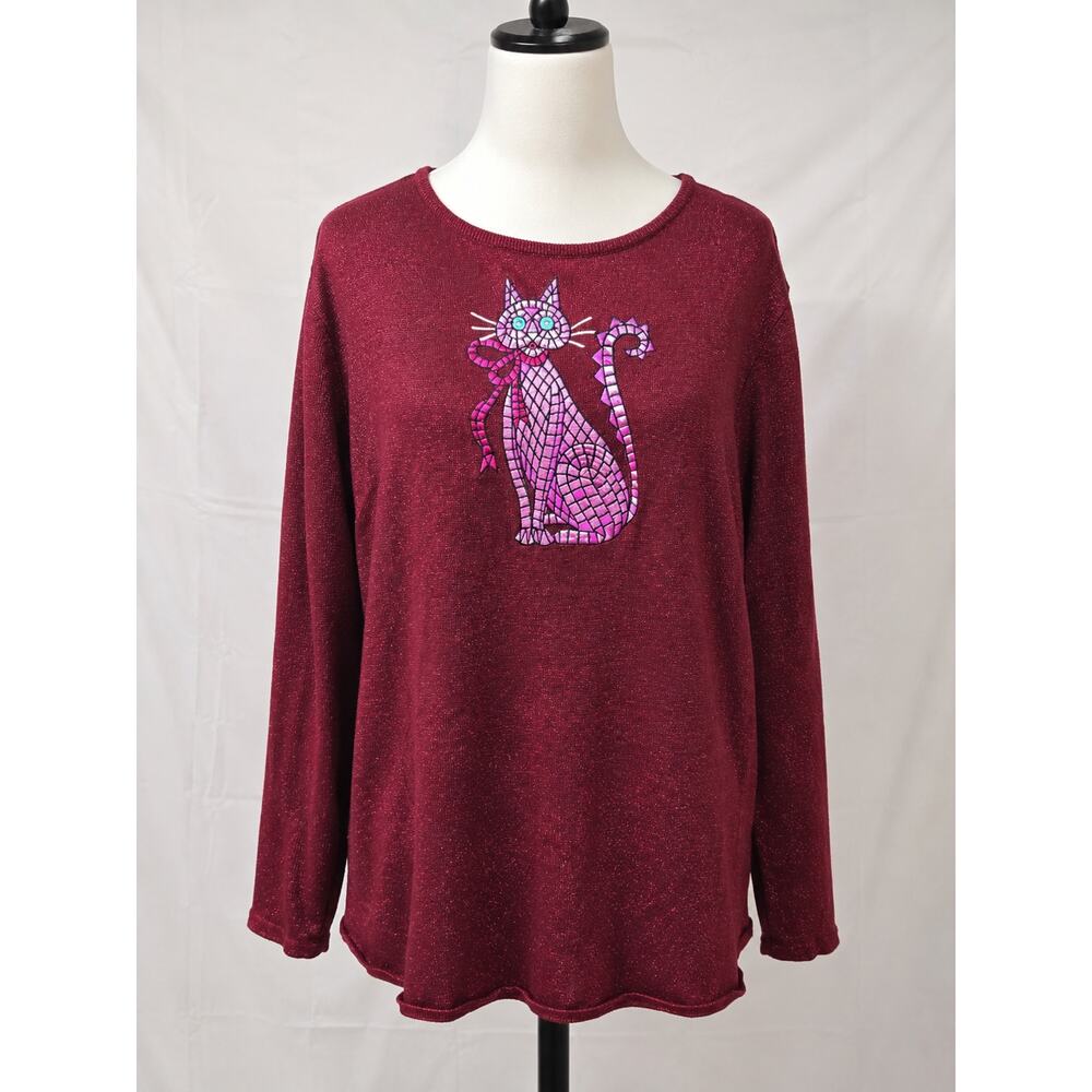 Bob Mackie Wearable Art XL Burgundy Metallic Cat Embroidered Sweater Tunic Top - Picture 2 of 7